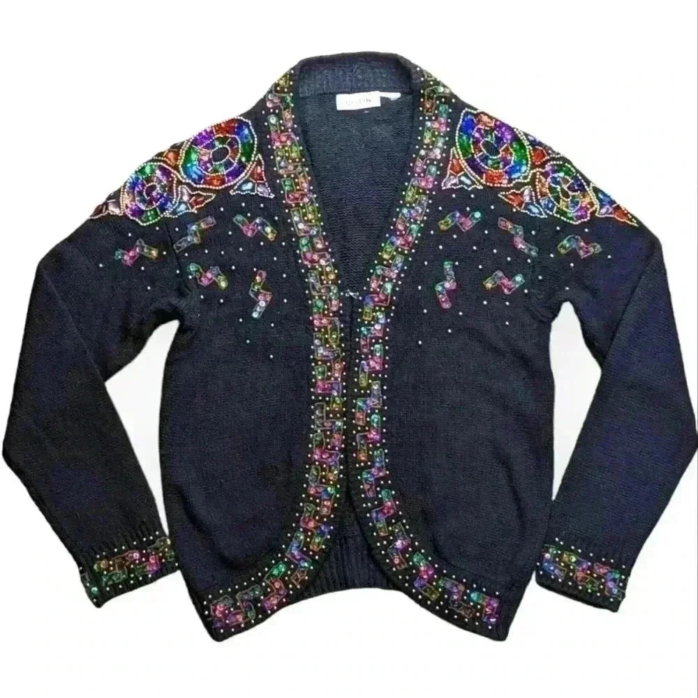 Christina 80s 90s Embellished Sequins Jacket Cardigan Sweater M